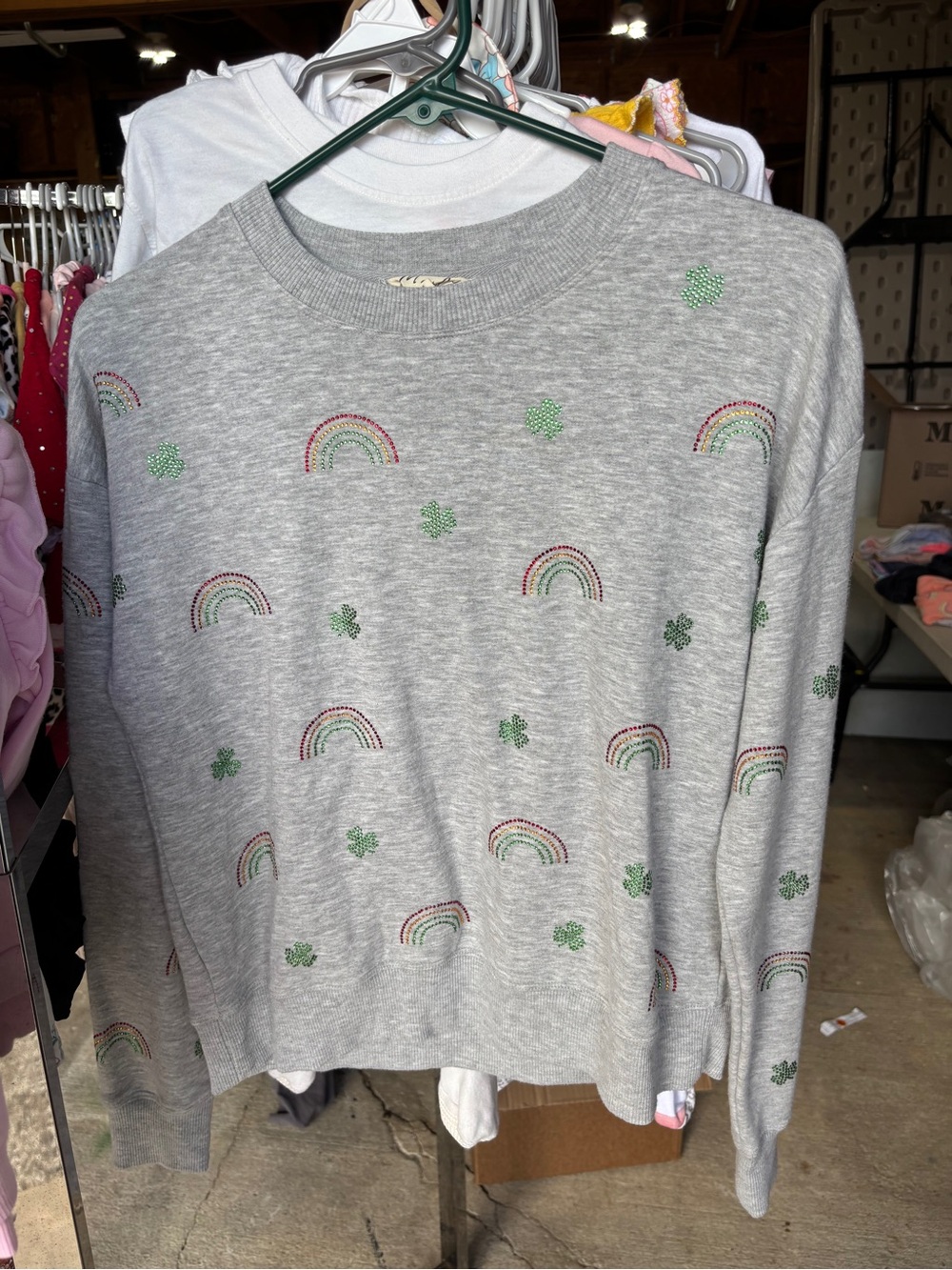 Size: XS Light Gray Embroidered Rainbow & Clover Top